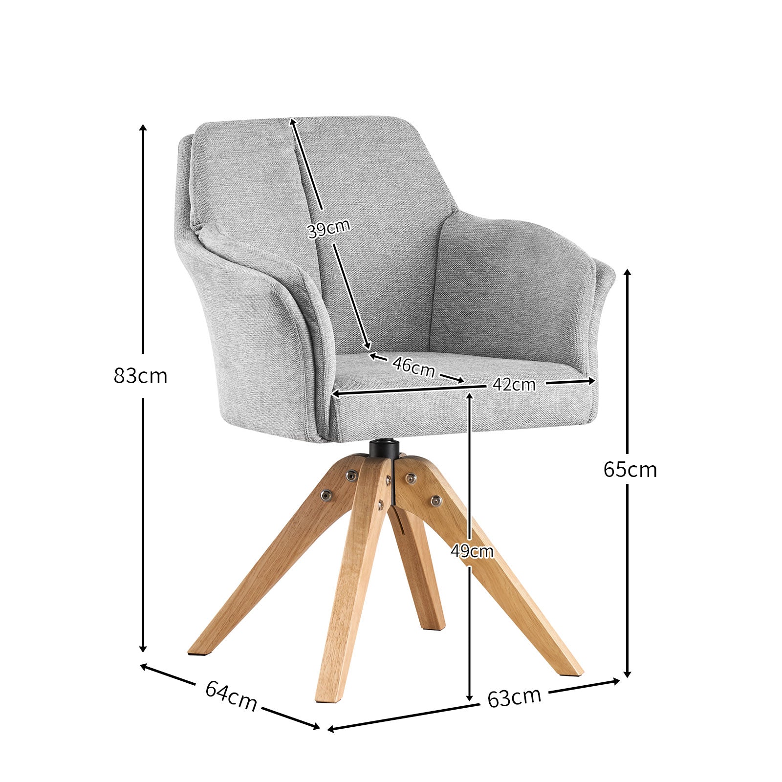Maßbild für Esszimmerstuhl DAISY – Drehbarer Stuhl mit Armlehne & Holzgestell | B&D home