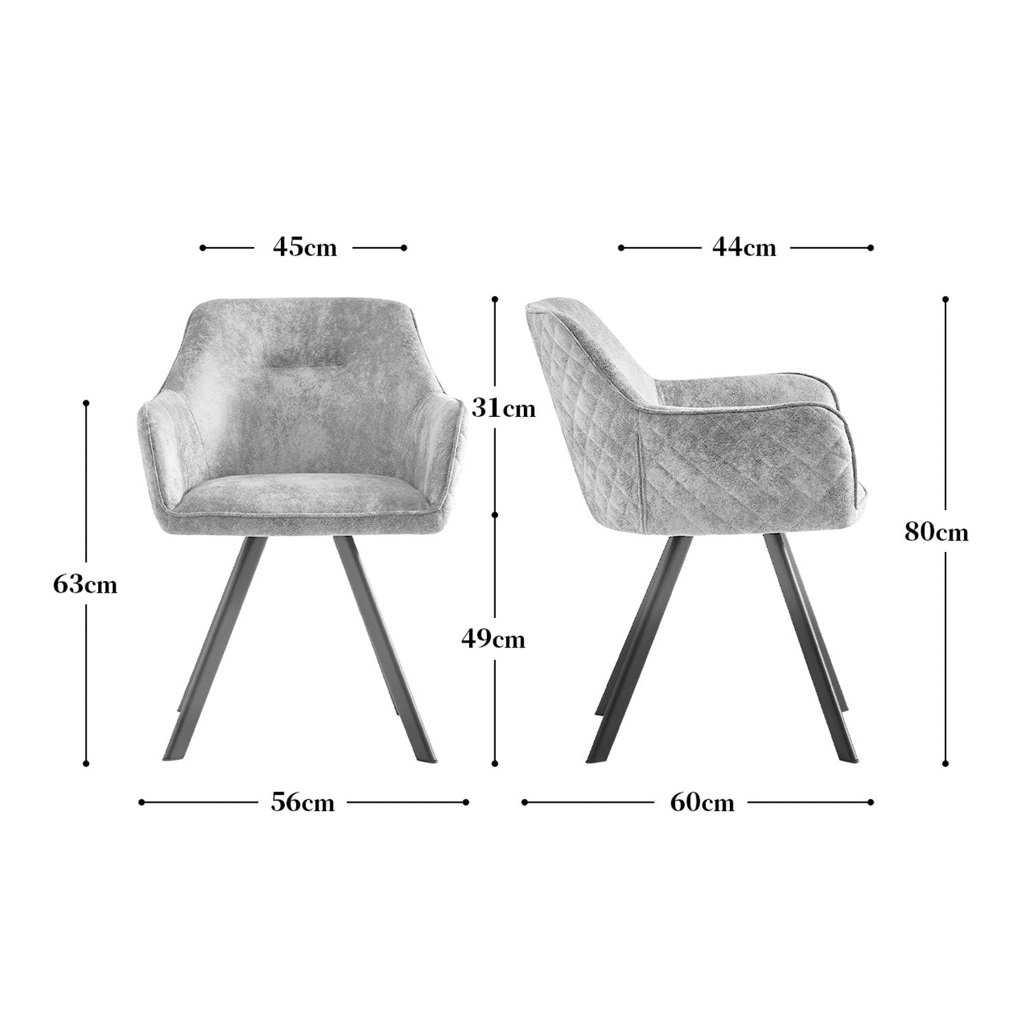 Maßbild für Esszimmerstühle 2er Set CYRUS – mit Armlehne & Stepppolsterung| B&D home