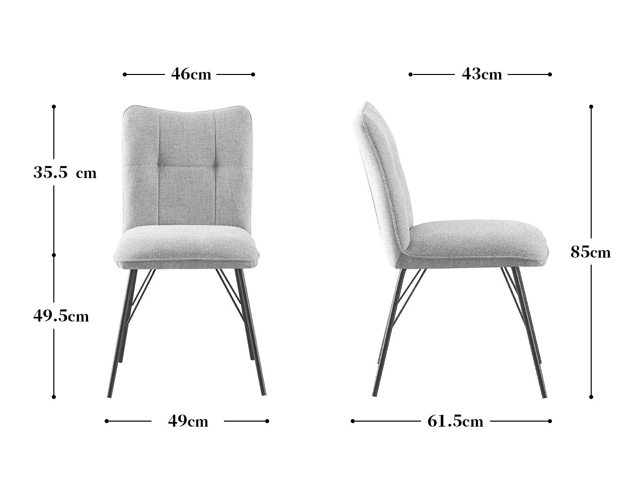 Maßbild für Esszimmerstühle 2er Set NELE – Polsterstuhl mit Steppung & Metallgestell | B&D home