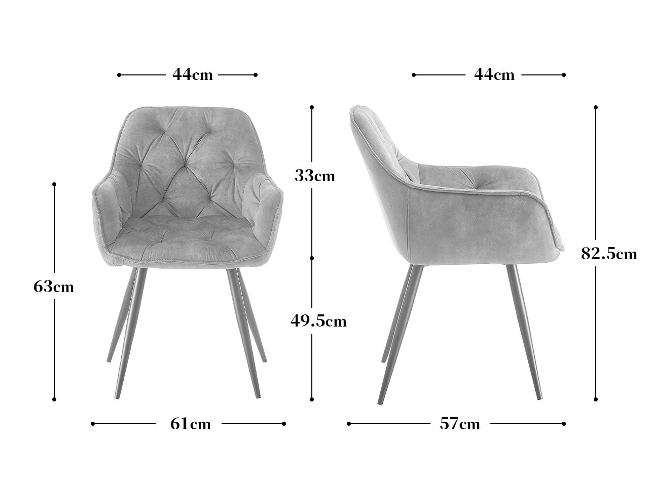 Maßbild für Drehstuhl DIETER 2er Set – Drehbarer Polsterstuhl mit Knopfsteppung & Metallgestell | B&D home