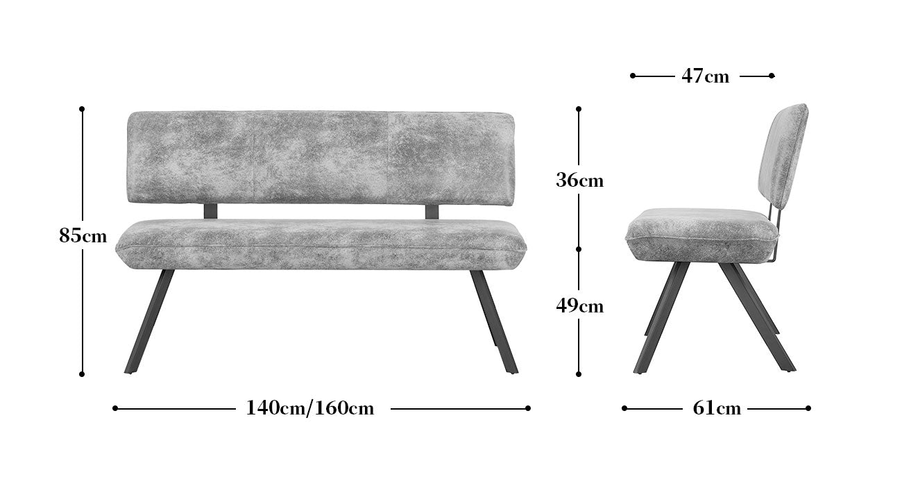 Maßbild für Sitzbank JUNA – Polsterbank mit Rückenlehne & Metallgestell | B&D home