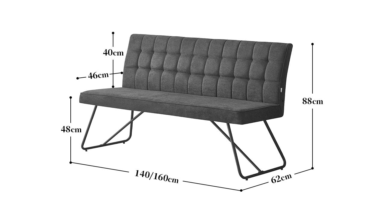 Maßbild für Sitzbank LINA – Polsterbank mit Rückenlehne & Metallgestell | B&D home