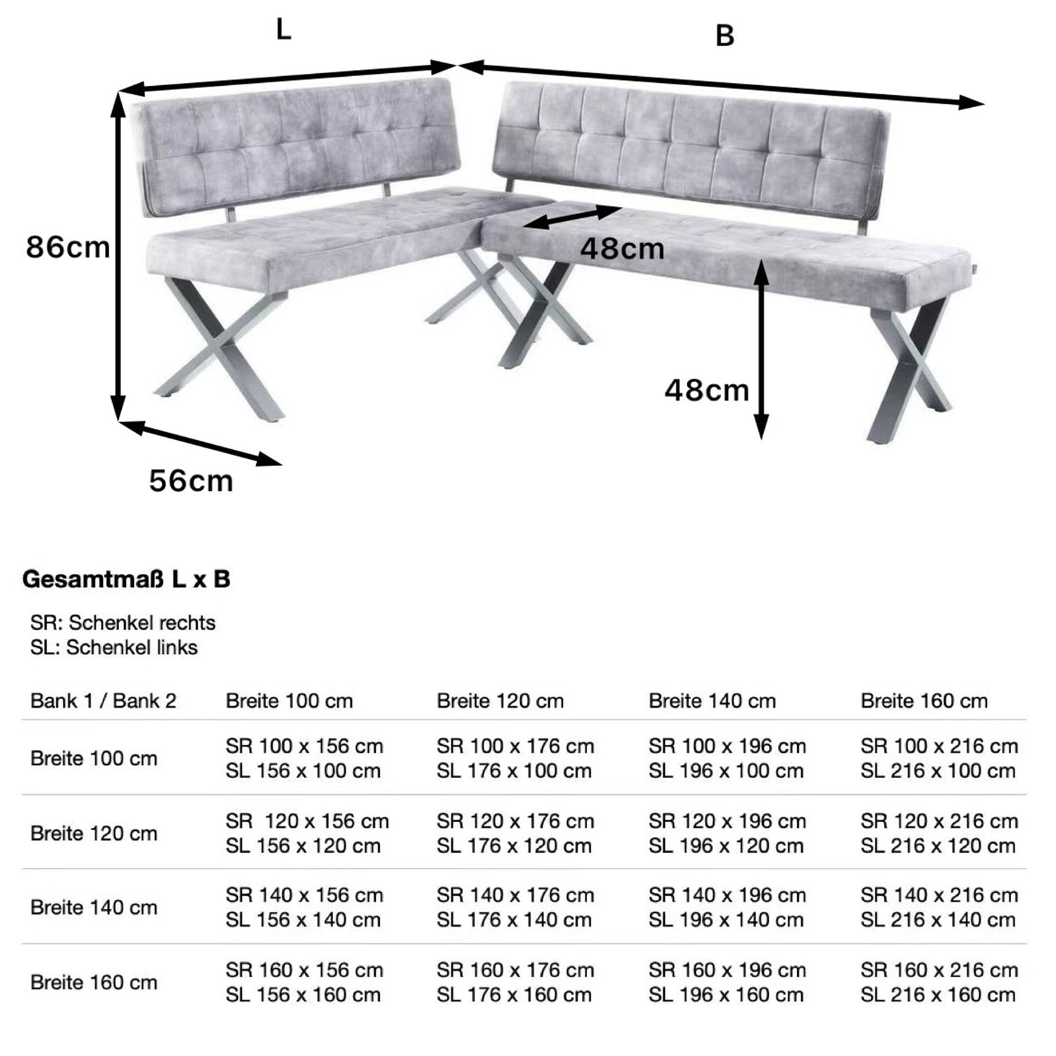 Maßbild für Eckbank EKA | beidseitig montierbar | B&D home