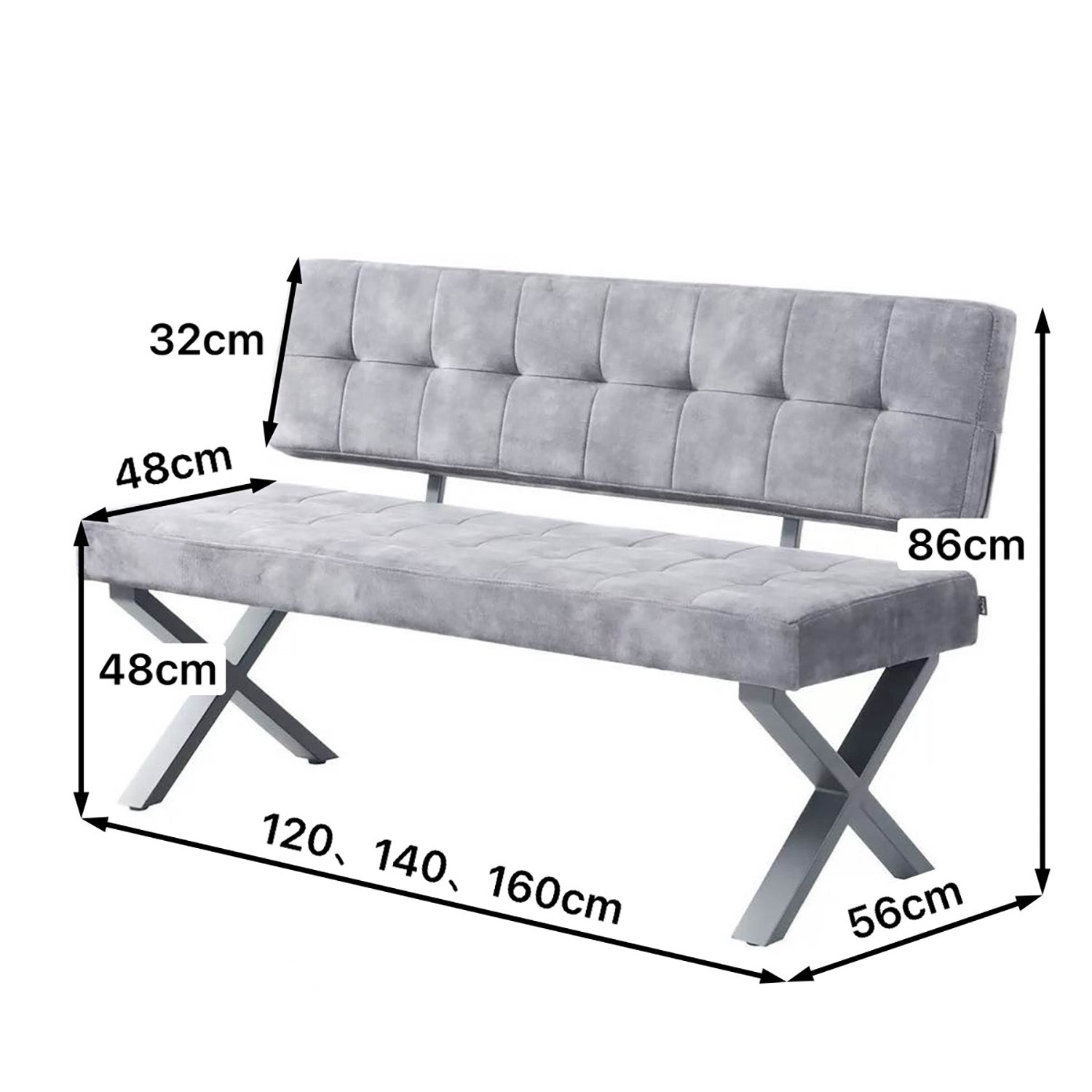 Maßbild für Sitzbank KAREN – Esszimmerbank mit Rückenlehne & Metallgestell | B&D home