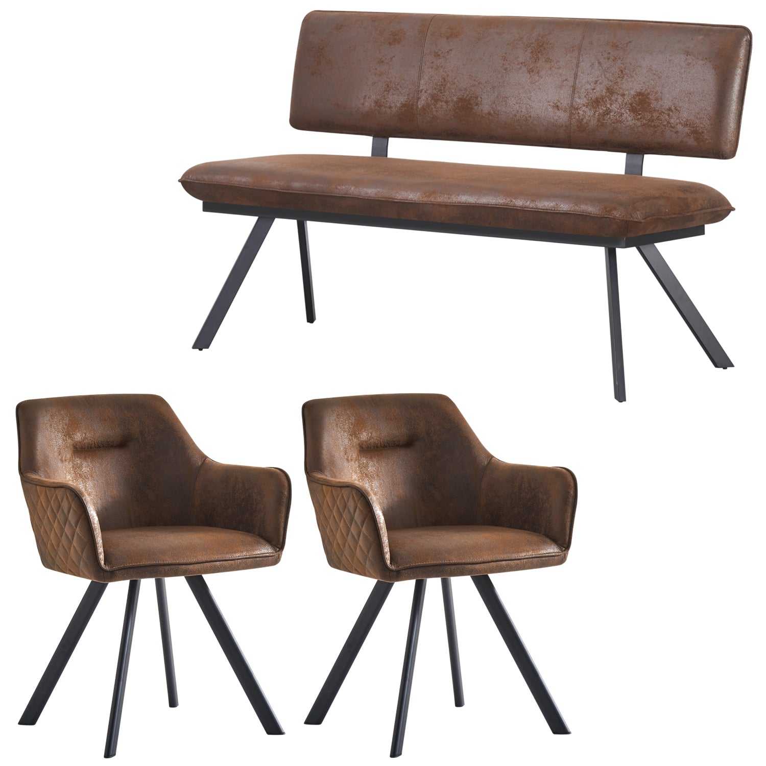 Sitzgruppe Jana – Esszimmer-Set mit Sitzbank & 2 Esszimmerstühlen im Industrial Design | B&D home