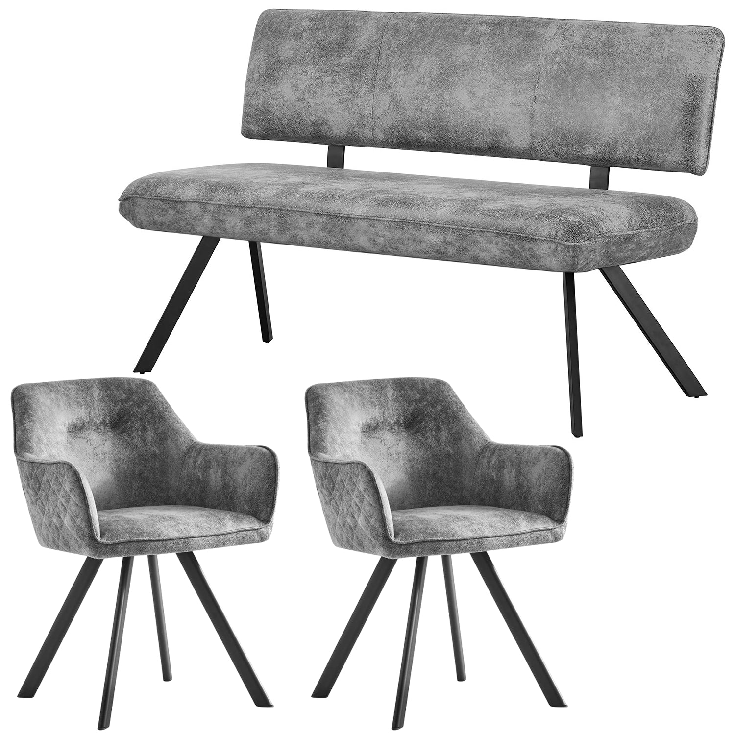 Sitzgruppe Jana – Esszimmer-Set mit Sitzbank & 2 Esszimmerstühlen im Industrial Design | B&D home