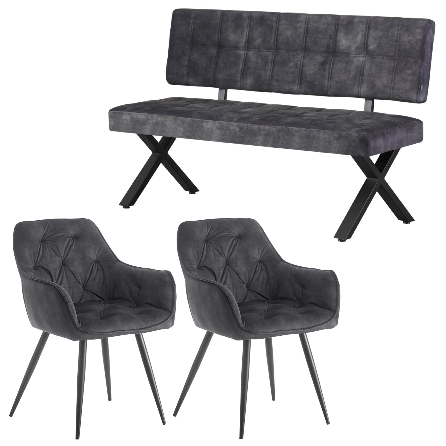 Sitzgruppe Elen – Esszimmer-Set mit Sitzbank & 2 Polsterstühlen im Industrial Chic | B&D home
