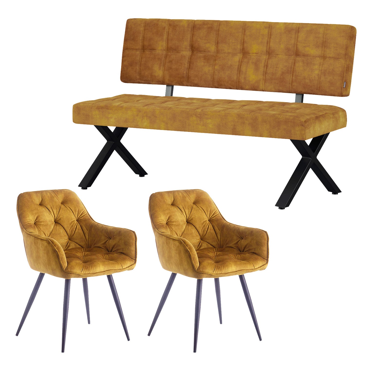 Sitzgruppe Elen – Esszimmer-Set mit Sitzbank & 2 Polsterstühlen im Industrial Chic | B&D home