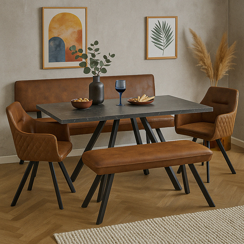 Sitzgruppe Jana – Esszimmer-Set mit Sitzbank & 2 Esszimmerstühlen im Industrial Design | B&D home