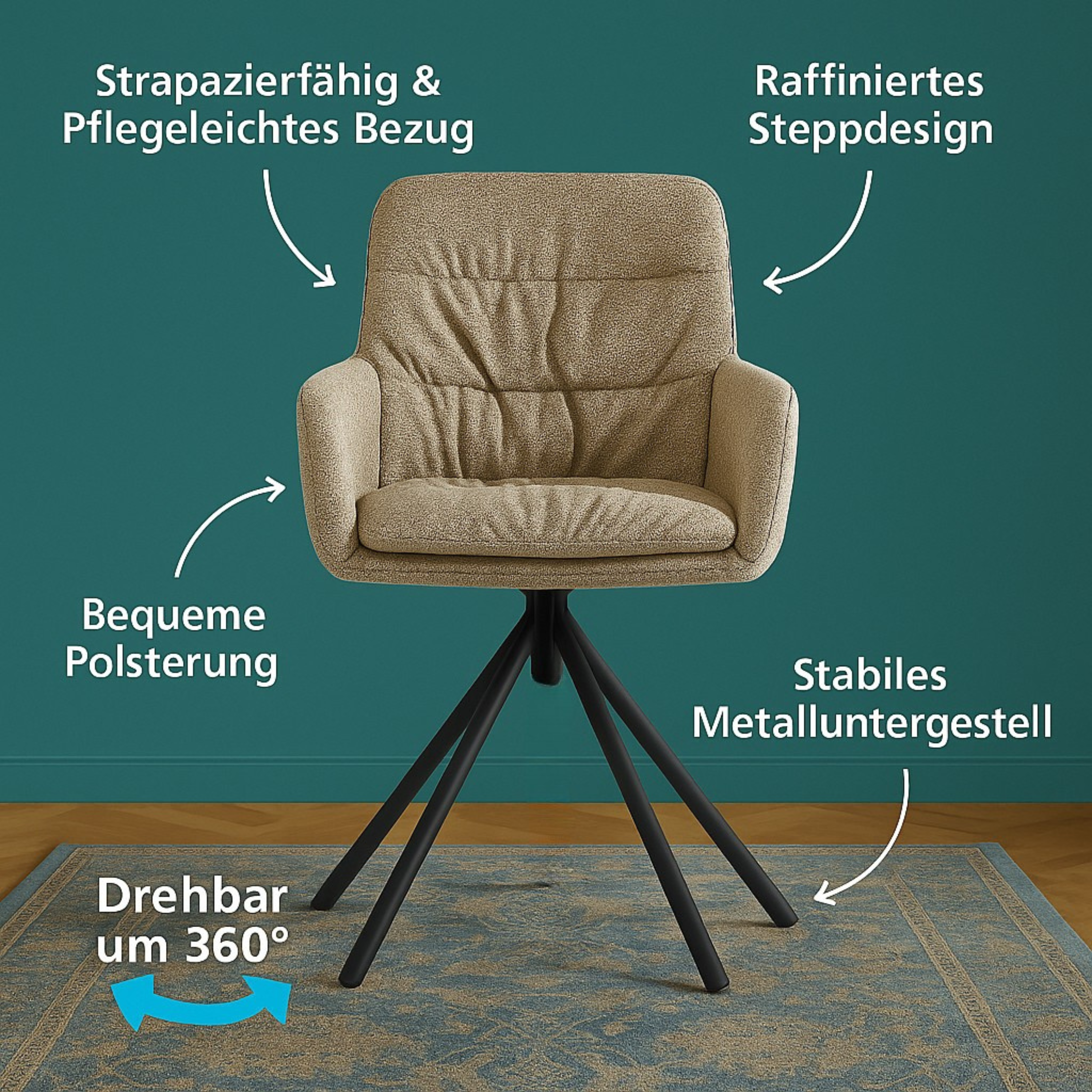 Esszimmerstuhl CAZAR – Drehbarer Polsterstuhl mit Armlehne & Metallgestell | B&D home